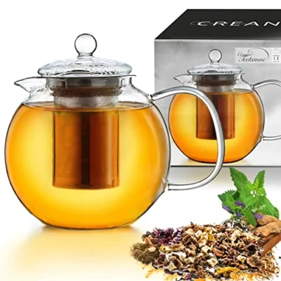 Imagen de Creano tetera de vidrio, vidrio 3 piezas con colador Acero inoxidable integrado y tapa ideal para preparar tés sueltos, sin goteo, todo en uno 0.85L