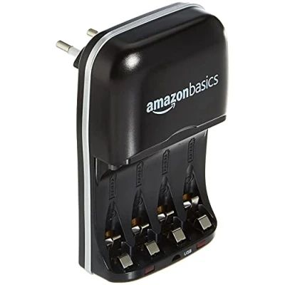 Imagen de Amazon Basics Cargador de Pilas Ni MH AA y AAA con Puerto USB, Negro