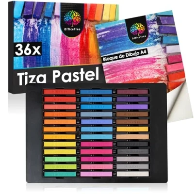 Imagen de OfficeTree Juego de Tizas pastel 36 unidades color para papel artísticas incl. bloc dibujo en colores intensos suaves artistas