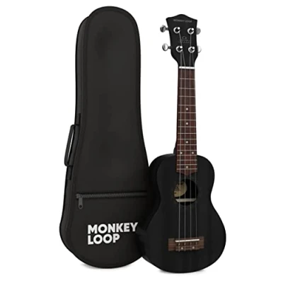 Imagen de MONKEY LOOP Stone Black Ukelele de Tipo Soprano Funda para Ukeleles Incluida Equipado con Cuerdas Aquila Acabado, Ajustes y Afinación Sorprendente Madera Sapeli Color Negro