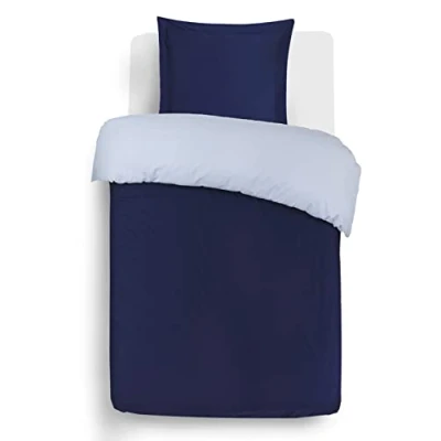 Imagen de VISION Juego de Cama Reversible Bicolor Azul Marino/Gris Funda nórdica 140 x 200 cm con 1 Almohada para Individual estándar 100% algodón