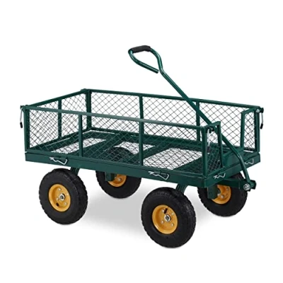 Imagen de Relaxdays Carro Carretilla Mano, Práctica Carreta de Jardín, Ruedas Neumáticas, Laterales Plegables, hasta 250 kg, Verde, Caucho, 54 x 53,5 107 cm