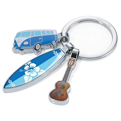 Imagen de TROIKA Surfmat T1 KR16 14/CH Llavero nostálgico con 3 colgantes Bulli, tabla de surf, guitarra brillante multicolor, 10 cm, Clásico