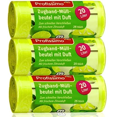 Imagen de Profissimo Worki na śmieci o pojemności 20 litros, ze świeżym zapachem cytrusowym, 3 skztuki w opakowaniu, 75 worków (3 x 25 sztuk), ideal do domu, Biura i łazienki