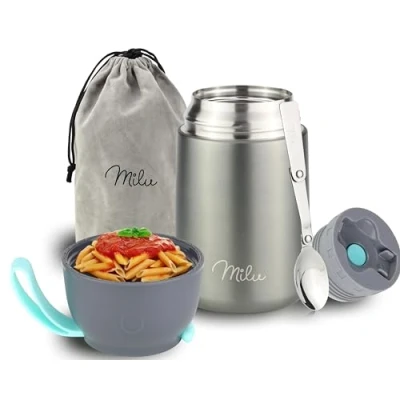 Imagen de Milu Termo para Comida 300ml, 440ml, 450ml, 650ml, 800ml Taza Aislada, Botella de Acero Inoxidable Aislada Alimentos, Beber y sopa los niños adultos A prueba fugas Térmico (650ml/Gris)