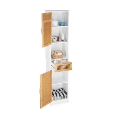 Imagen de Relaxdays, 180 x 39 30 cm Armario de baño, Dos Puertas, Un cajón, Alto, Madera y Bambú, Blanco marrón, Tablero Fibras