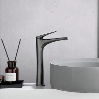 Imagen de IMEX Grifo Monomando Lavabo Caño Alto Baño Mezclador Agua Fria y Caliente sobre Encimera Ahorro de Serie Delos Color Black Gun Metal