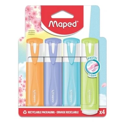 Imagen de Maped 4 resaltadores de colores pastel punta biselada larga duración para uso escolar y profesional naranja, morado, azul verde