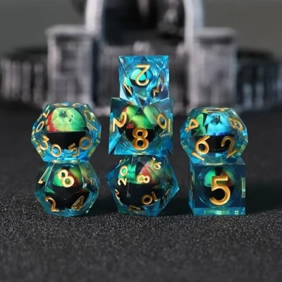 Imagen de DND Dados de rol Nucleo Liquido Ojo Dragón Movedizas Juego Dado Poliédrico y Borde Afilado Resina D&amp;D 7 Piezas para Mazmorras Dragones Pathfinder RPG MTG D4 D6 D8 D10 D12 D20 D%