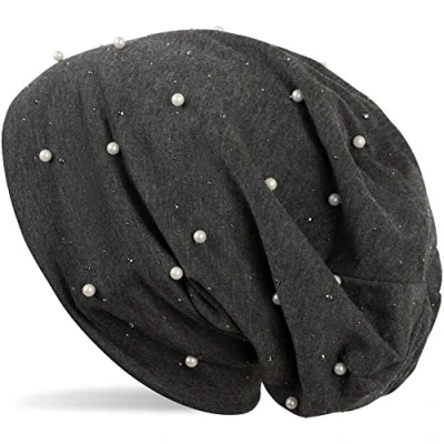 Imagen de styleBREAKER Gorro Beanie con Perlas y Remaches de estrás, Slouch, Largo, señora 04024140, Color:Gris Oscuro Jaspeado