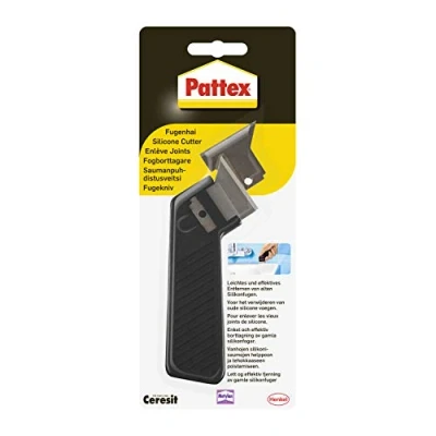Imagen de Pattex Grout Shark, práctico rascador de lechada para eliminar la silicona vieja en áreas sanitarias, cuchillo versátil, 1 paquete con hoja repuesto.