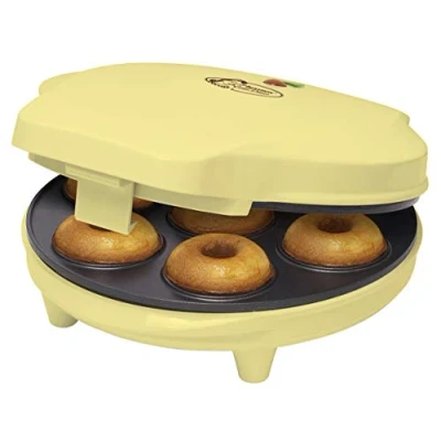 Imagen de Bestron donut maker en diseño retro, mini eléctrica para 7 pequeños donuts, incl. semáforo de cocción y revestimiento antiadherente, 700 vatios, color: amarillo