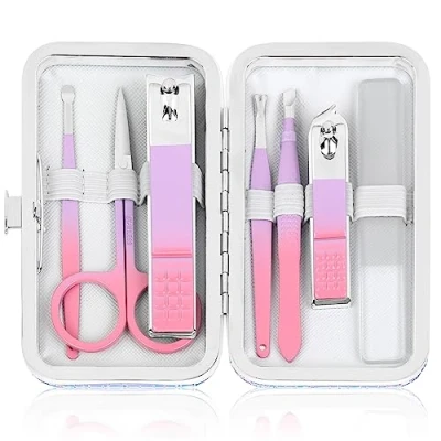 Imagen de Juego de manicura para mujer, kit viaje con lima uñas vidrio, cortaúñas acero inoxidable estuche, aseo uñas, cuidado personal regalo mujeres
