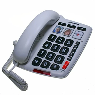 Imagen de Telefono Fijo Daewoo para Mayores Sobremesa con Cable Teclas Grandes, Llamada Directa 112, Manos Libres, Auricular Ajustable, 3 Memorias de Foto, Blanco