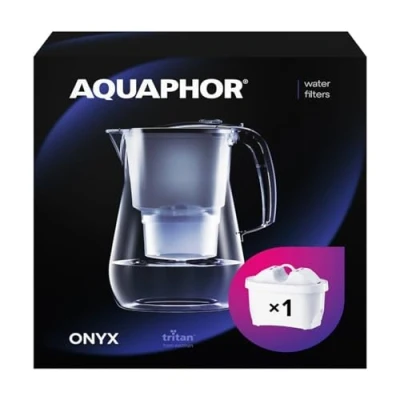 Imagen de AQUAPHOR Jarra de filtro Agua Onyx Negro Capacidad 4.2L, 1 MAXFOR+ incluido, reduce la cal, el cloro y los microplásticos, perfecta para familias, con efecto vidrio