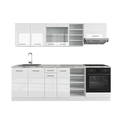 Imagen de Vicco Mueble de Cocina R Line, Blanco Alto Brillo/Blanco, 240 cm sin encimera