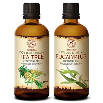 Imagen de Aceites Árbol de Té 100ml y Aceite Eucalipto para Aromaterapia Difusor Lámpara Aromática Cuidado Piel Cabello Esenciales Natural 100% Sauna