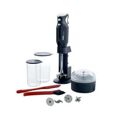 Imagen de Bamix M350 MAXX Juego de batidora (2 vasos, 4 accesorios, procesador, espátula, cepillo limpieza, 350 vatios, Made in Switzerland, negro/cromo, SET