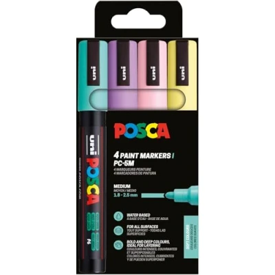 Imagen de Uni Ball 182546 POSCA Marker Set, 4 rotuladores acrílicos pastel PC 5M, rotulador permanente 1,8 2,5 mm punta redonda