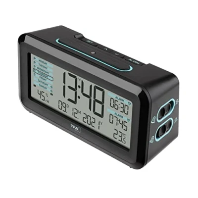Imagen de TFA Dostmann Boxx2 Despertador Digital Radiocontrolado, 60.2562.01.GB, con Batería, 2 Horas de Alarma, Pantalla en Inglés, Termohigrómetro, Negro Turquesa, (L) 138 x (B) 52 (H) 72 mm