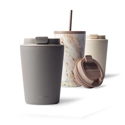 Imagen de MAMEIDO Termo Cafe 350ml Vaso Termico Antigoteo, Taza Termica acero inox sin BPA, para llevar (Taupe Grey, 0,35l)