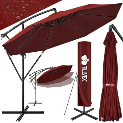 Imagen de tillvex sombrilla de 300 cm diámetro con manivela, soporte, jardín, protección UV, aluminio, paraguas mercado impermeable (Rojo, 350 cm)