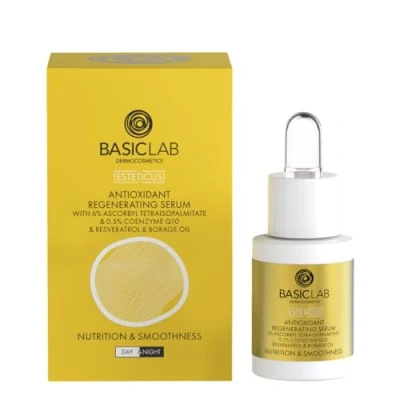 Imagen de BasicLab Dermocosmetics Suero regenerador para cara, cuello y escote, 15 ml, adecuado mujeres hombres de todas las edades, uso día noche, con coenzima Q10 escualano.