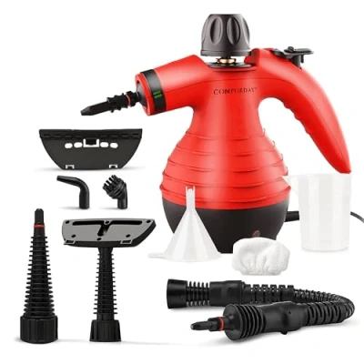 Imagen de Limpiador de Vapor Mano, Vapores Portátil Usos Múltiples con 9 Accesorios para Quitar Manchas, Alfombras, Cortinas, Asientos Auto, Cocina, Chinches, Piso, Baño (rojo)