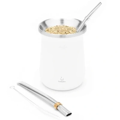 Imagen de BALIBETOV Elegante Juego Yerba Mate Gourd (Taza Mate) Doble pared de acero inoxidable 18/8 Incluye dos bombillas y un cepillo limpieza (Blanco)