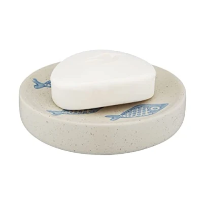 Imagen de WENKO Jabonera «Aquamarin», Cuenco para Colocar el jabón de Manos, cerámica Fina en Blanco Mate con Paisaje marítimo Azul, Pintado a Mano., Ø 10 x 3 cm
