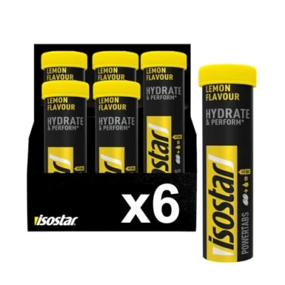 Imagen de Isostar Hydrate &amp; Perform Powertabs Preparado para Bebida de Aporte Glúcidos y Electrolitos, Sabor Limón, Fórmula Isotónica, Resistencia en Entrenamientos Prolongados, 120g (10x12g), 6 Unidades
