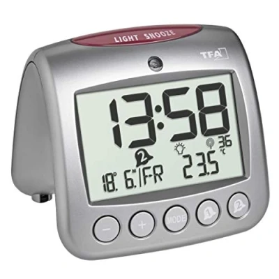 Imagen de TFA Dostmann SONIO 2.0 60.2559.54 Despertador Digital con Temperatura Interior, día de la Semana, Fecha, Color Plateado, 112 x 98 mm
