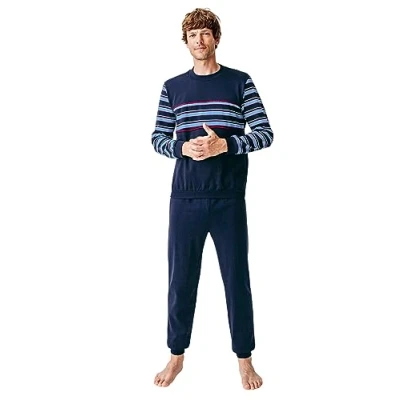Imagen de Damart Pijama de Forro Polar Thermolactyl, Manga Larga, Azul diseño Rayas, X Large para Hombre