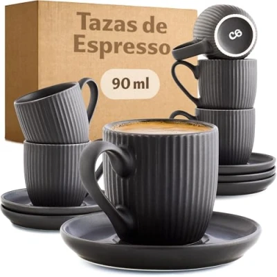 Imagen de Cosumy Tazas de Café Espresso con Platos 6 90ml Asa para Diseño único a rayas Cerámica Mate Aptas lavavajillas Negro