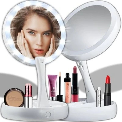 Imagen de Retoo espejo de maquillaje con iluminación LED, giratorio, para el hogar y los viajes, cosméticos afeitado