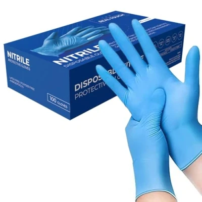 Imagen de K MART Guantes profesionales multiusos de nitrilo sin polvo, desechables, extrafuertes, caja 100, azul, mediano