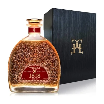 Imagen de CONDE LUMAR Estuche Whisky 1818 Gold 23K Caja de Regalo &amp; Certificado Oro Añejado en barricas Bourbon y Jerez Premium Liqueur con Láminas Ideal para Regalar 40% Vol 70 cl