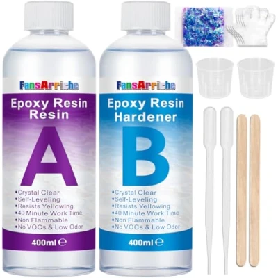 Imagen de FansArriche Resina Epoxi Ultra Transparente 850g / 800ml, para Fundición y Revestimiento Proporción 1: 1 de 2 Componentes Tableros Mesa, Madera, Artesanía