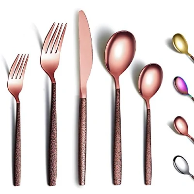 Imagen de Berglander Juego de cubiertos 30 piezas con mango superficie lunar y cabeza oro rosa brillante enchapado en titanio acero inoxidable cobre cuberteria utensilios servicio para 6