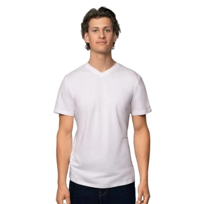 Imagen de DANISH ENDURANCE Camiseta de Algodón Orgánico para Hombre Manga Corta, Cuello Redondo o en V…, Pico Blanco, M