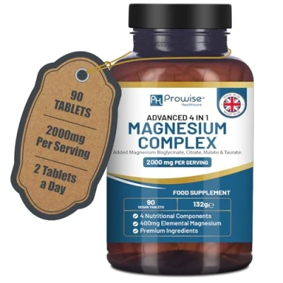Imagen de Complejo de glicinato magnesio 4 en 1 2000 mg por porción Dosis precisa elemental 400 Bisglicinato, citrato, malato y taurato añadidos 90 comprimidos veganos