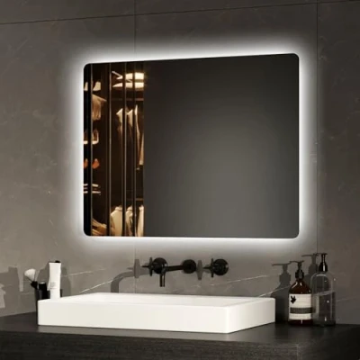 Imagen de EMKE Espejo de baño retroiluminación LED 60 x 45 cm, con luz, Interruptor mecánico y antivaho, Dos Colores luz Blanca cálida