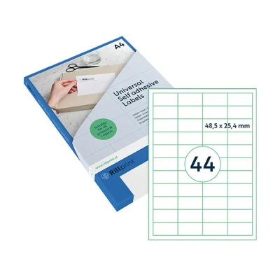 Imagen de Rillprint etiquetas multiusos autoadhesivas transparente mate 1100 unidades 48,5 x 25,4 mm 44 adhesivas por hoja A4 Imprimibles y extraíbles Pegatinas universales para