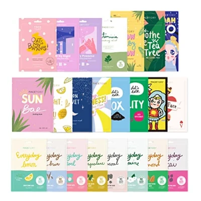 Imagen de FACETORY 23 Sheet Mask Collection Hydrating, Moisturizing, Radiance Boosting, Soothing, Redness Relief For All Skin Types, Made in Korea, Variety Pack of Masks