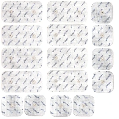 Imagen de 16 electrodos de recambio axion 8 parches 5x5 cm y 10x5 para electroestimulador TENS EMS Reutilizables autoadhesivos con conector pin 2 mm