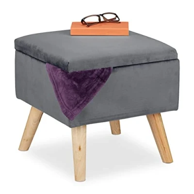 Imagen de Relaxdays Taburete de Terciopelo con Sitio Almacenaje, Acolchado, Cuadrado, Patas Madera, 40x40x40 cm, Gris Oscuro