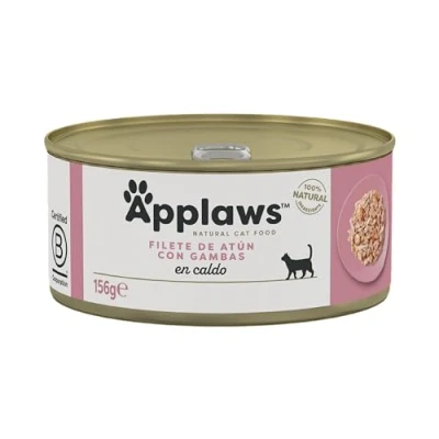 Imagen de Applaws Comida húmeda 100% Natural para Gatos, Filete de Atún con Gambas en Caldo Pack 24 latas 156g