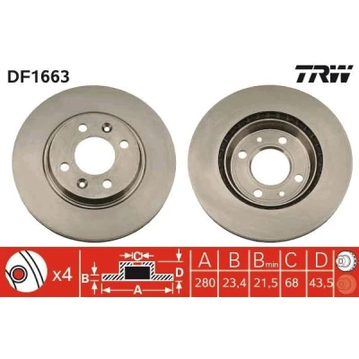 Imagen de TRW DF1663 Disco de freno 280 23,4 4 108 ventilado barnizado con tornillos SAAB: 900 I Cabrio, Combi Coupe, 9000 Berlina