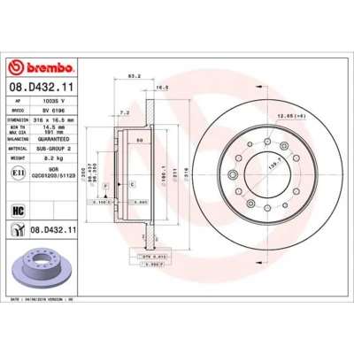 Imagen de BREMBO 08.D432.11 Disco de freno 316 16,5 6 macizo revestido altamente carbonizado HYUNDAI: