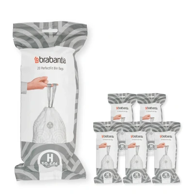 Imagen de Brabantia Bolsas de Basura PerfectFit 6 lotes, Código H, Resistentes con cinta cierre, 120 Bolsas, 50 60L